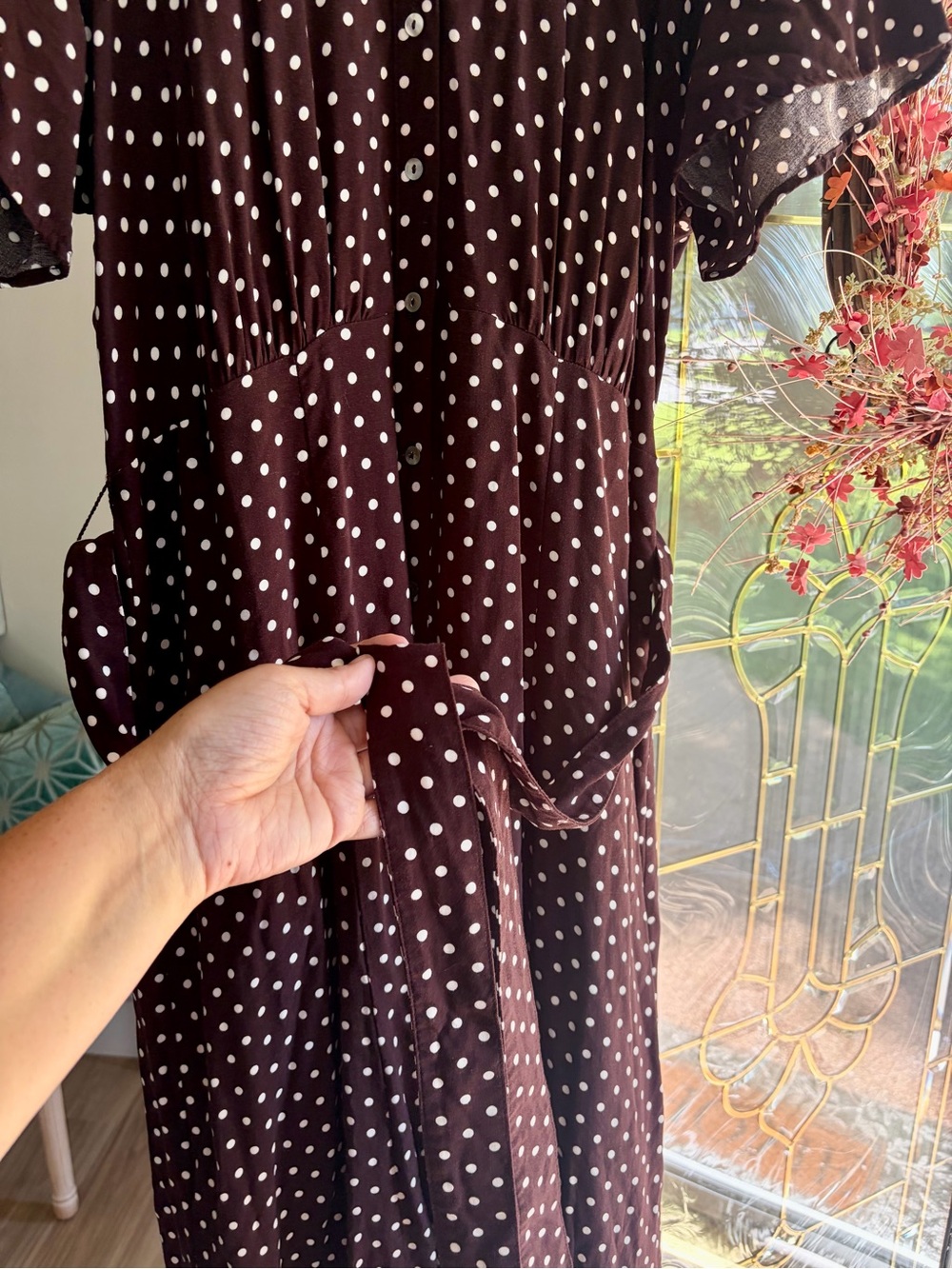H&M Brown Polka Dot Button-Front Midi Dress - Picture 5 of 8